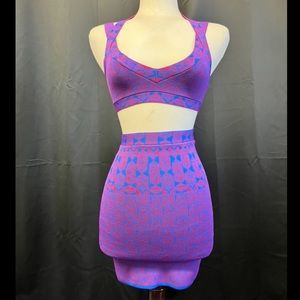 BCBG Maxazria Blue & Magenta Geometric Pattern Bodycon Two Piece Set Size XS